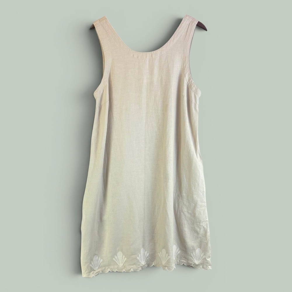 Shift Dress Calypso St Barth L Tan Oat Milk Linen Rayon Shell Embroidered Hem